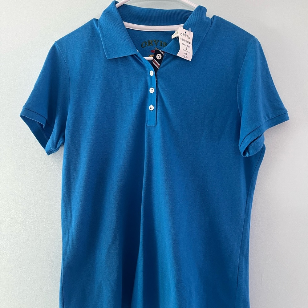 Orvis Men’s Vibrant Blue Polo with White Buttons Pima Cotton, Size Small